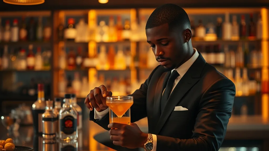 Mixologue en hôtellerie de luxe préparant un cocktail signature au bar d'un hôtel de prestige en Afrique