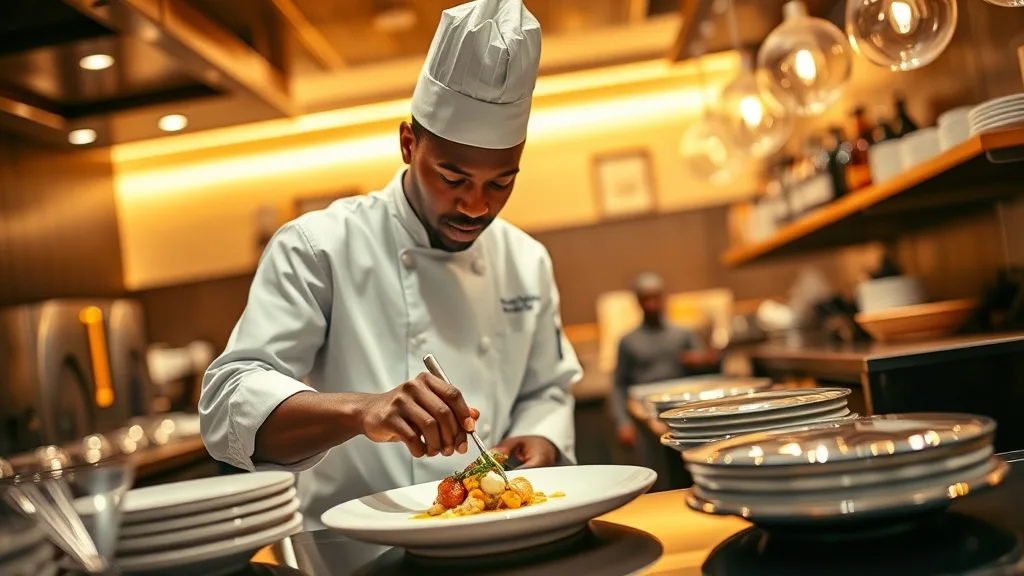 Chef de cuisine en hôtellerie de luxe dressant un plat gastronomique en cuisine de palace en Afrique
