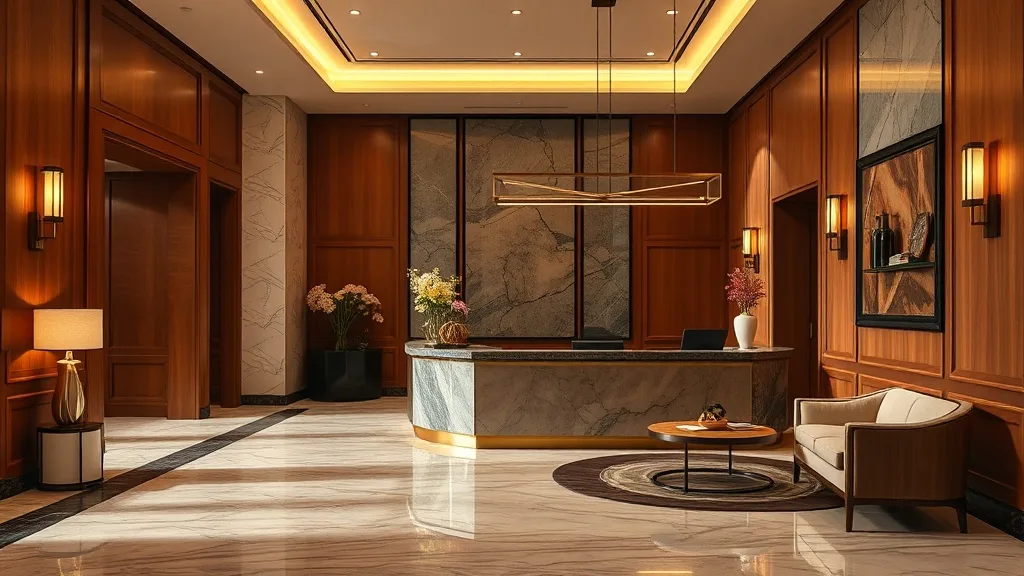 Réceptionniste en hôtel de luxe accueillant un client à la réception d'un palace en Afrique