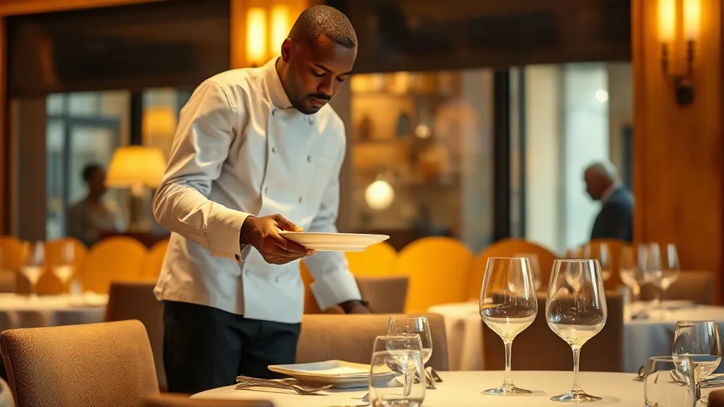 Chef de rang en restauration de luxe assurant le service à table dans un restaurant gastronomique en Afrique