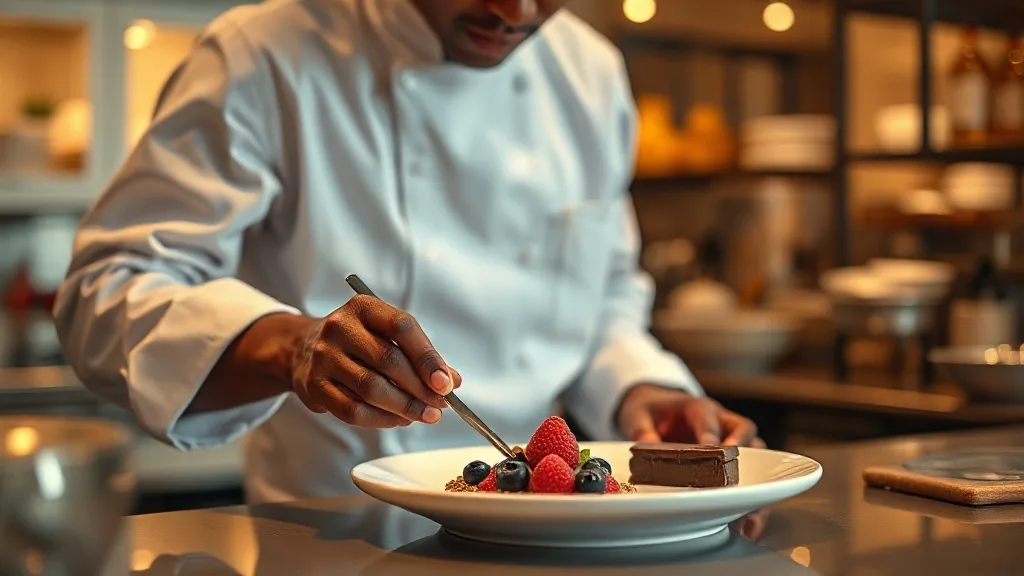 Chef pâtissier en hôtellerie de luxe dressant un dessert gastronomique en cuisine de palace en Afrique
