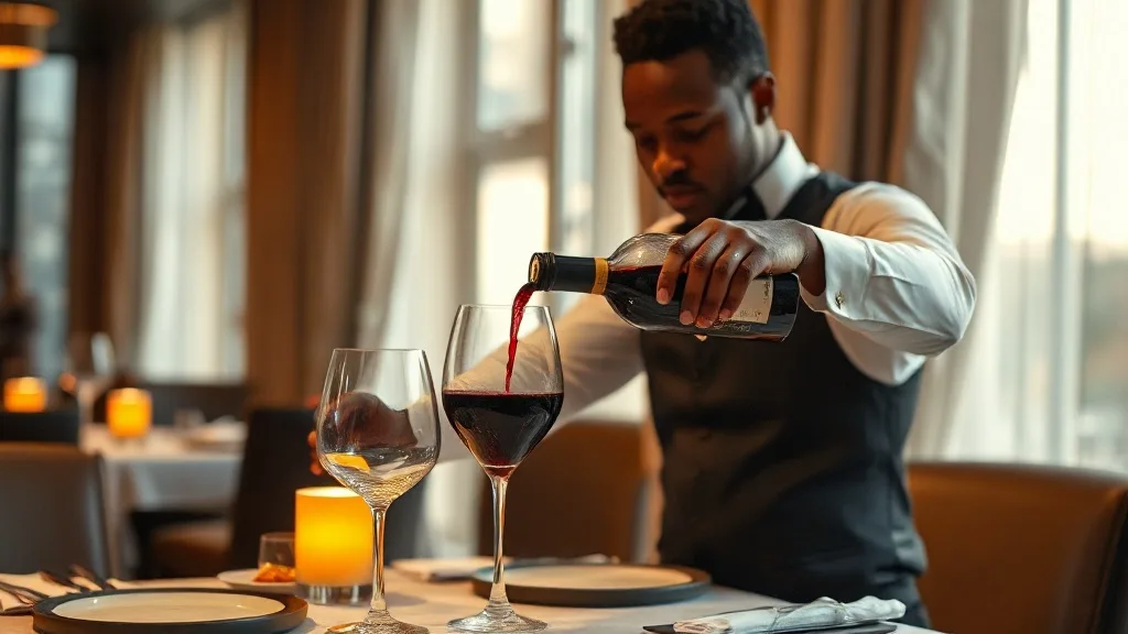 Sommelier en hôtellerie de luxe servant un vin rouge à une table gastronomique