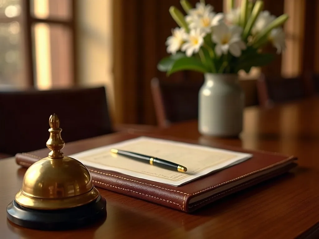Chef concierge en hôtellerie de luxe : bureau de conciergerie d'un palace avec cloche en laiton, registre et stylo en Afrique
