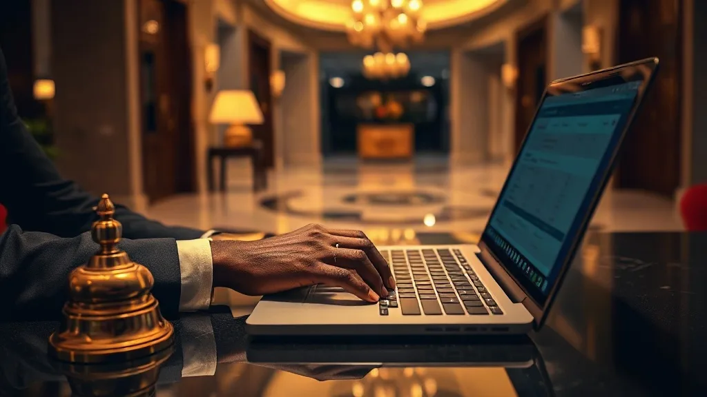 Night auditor en hôtellerie de luxe : réception d'un palace la nuit avec lampe, registre, ordinateur et cloche de service en Afrique