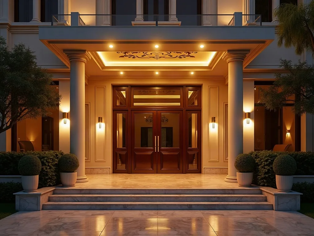 Voiturier en hôtellerie de luxe : entrée d'un hôtel haut de gamme éclairée où le voiturier accueille les clients en Afrique