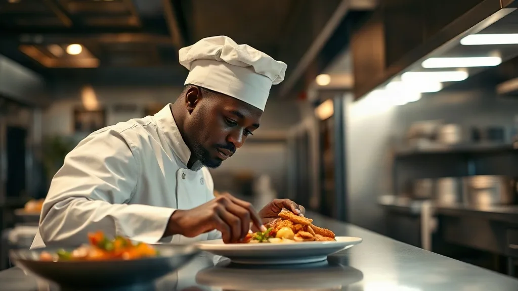 Chef de partie en hôtellerie de luxe : un chef africain dresse une assiette gastronomique à son poste dans la cuisine d'un palace