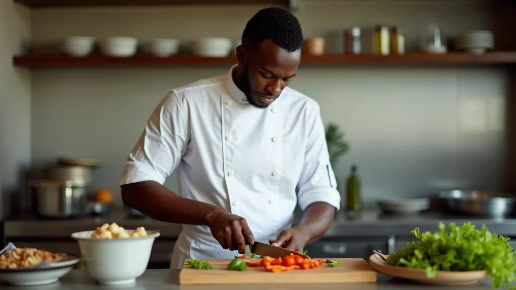 Commis de cuisine : un jeune cuisinier africain taille des légumes pour la mise en place dans la cuisine d'un hôtel de luxe