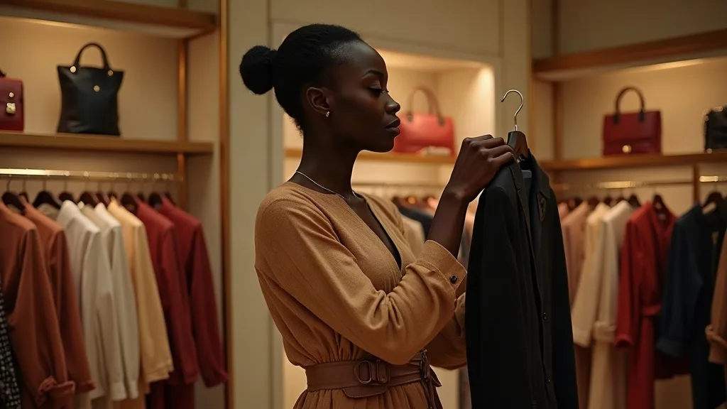 Personal shopper : une conseillère africaine sélectionne une veste pour sa cliente dans une boutique de luxe